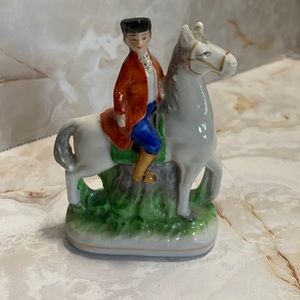 Vintage ~small Staffordshire porcelain figurine. Man on horseback.